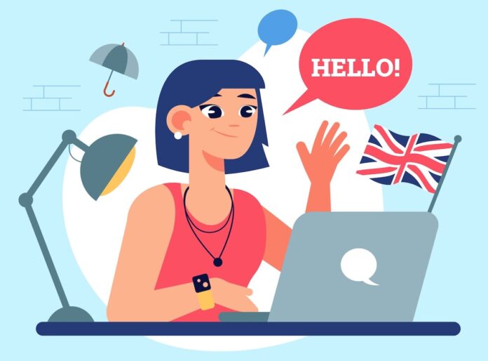 Cours Anglais en ligne Une femme suit une conversation en anglais dans un cours en ligne avec un prof natif