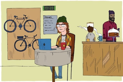 Un visuel de Gymglish montre un hipster qui travaille son anglais dans un café