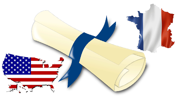 Diplôme et drapeaux France USA