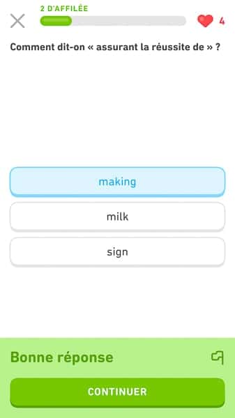 Traduction de making par Duolingo : assurant la réussite de