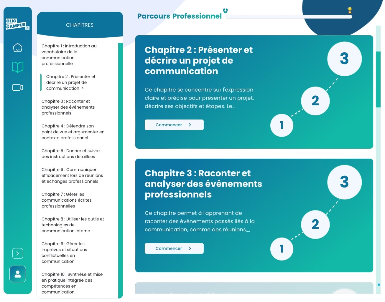 La plateforme Clic-Campus génère 3 parcours linguistiques pour votre formation CPF. Cette capture d'écran est le parcours professionnel.