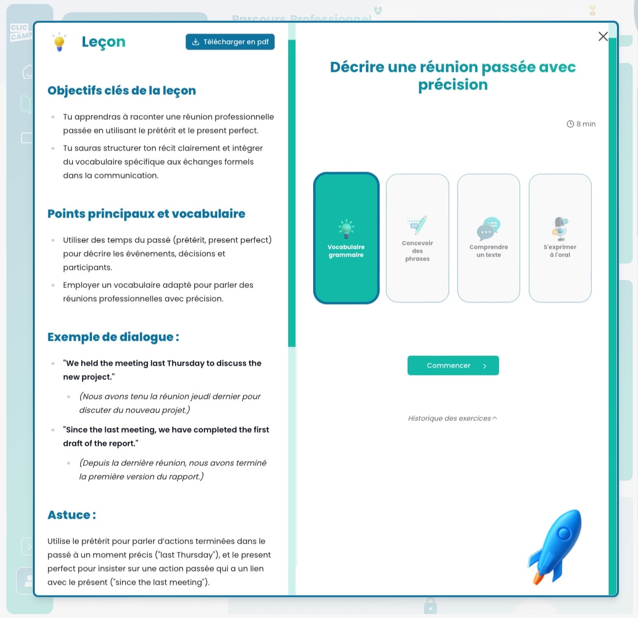Présentation d'une leçon d'anglais professionnel extraite d'une formation Clic-Campus