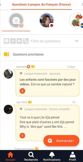 Screenshot HiNative montrant un échange de conversation entre un natif et un apprenant en anglais