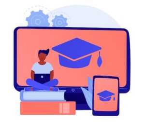 Une personne assise sur des méthodes de langue est placée devant un écran et un téléphone montrant un objectif à atteindre à travers du e-learning