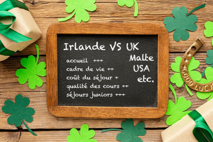 Irlande Avis Message sur une ardoise indiquant "Irlande VS UK ou Malte : Avis positif sur l'accueil, le cadre de vie, la qualité des cours, les séjours juniors