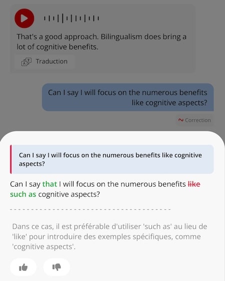 Exemple d'une conversation en anglais avec un robot comme ChatGPT qui corrige simultanément vos fautes