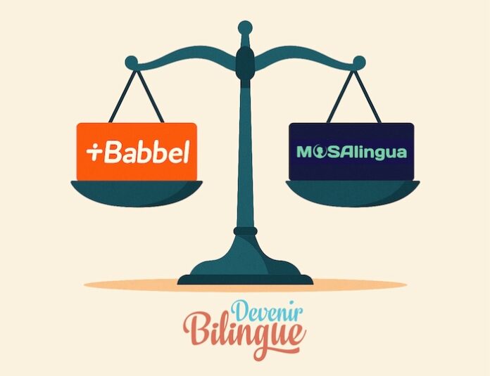 Comparatif Babbel Mosalingua Une balance affichant le nom du blog Devenir Bilingue pèse l'application Babbel d'un côté et l'application Mosalingua de l'autre côté