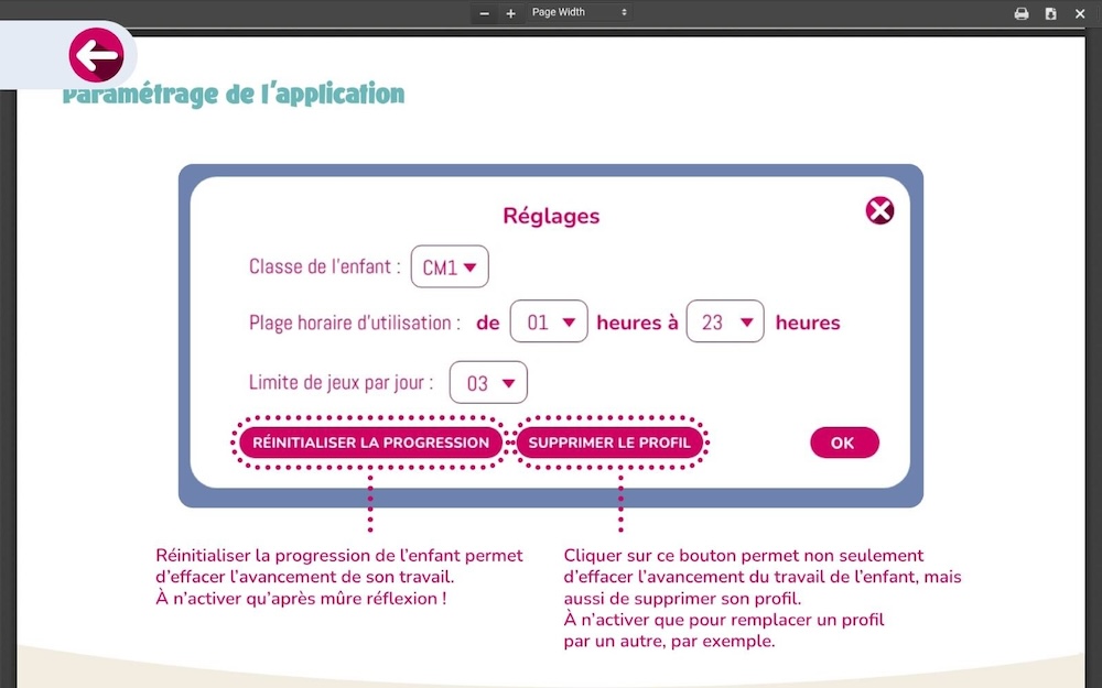 Les paramétrages testés sur l'app Hootop pour évaluer les fonctionnalités.