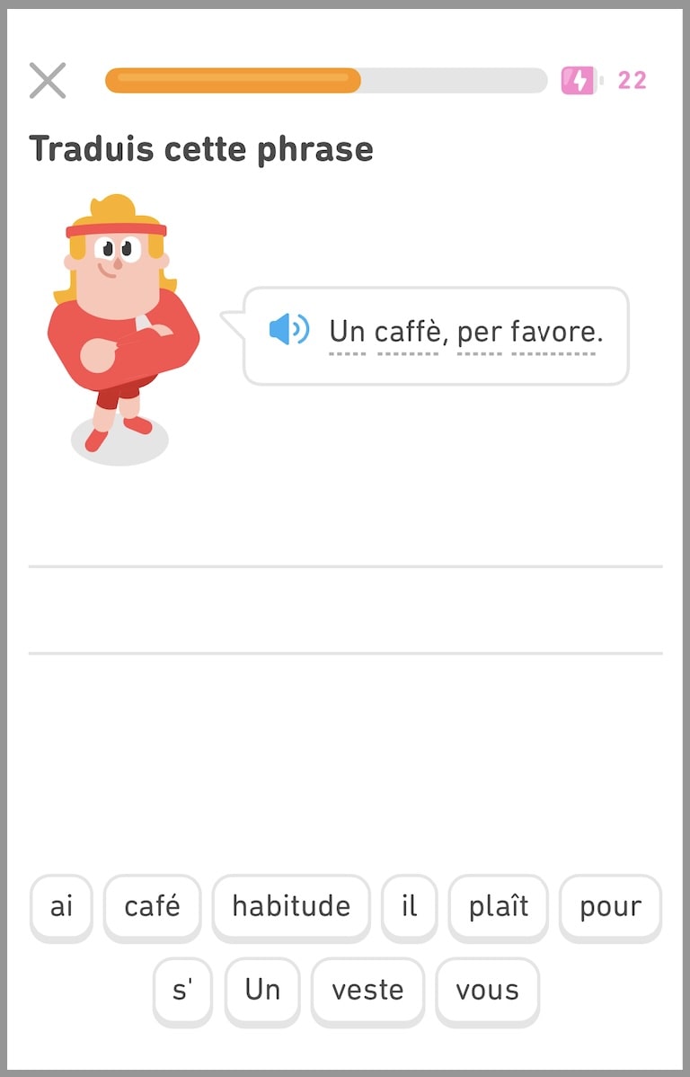Un exercice de l'app Duolingo montre que l'apprentissage n'est pas très efficace car les mots sont trop faciles à deviner.