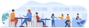 Des adultes et étudiants discutent de solutions d'apprentissage linguistique